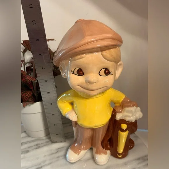 Vintage Golfer With Bag & Club 10” Ceramic Brown Hat Yellow Sweater No Chips - Picture 8 of 10